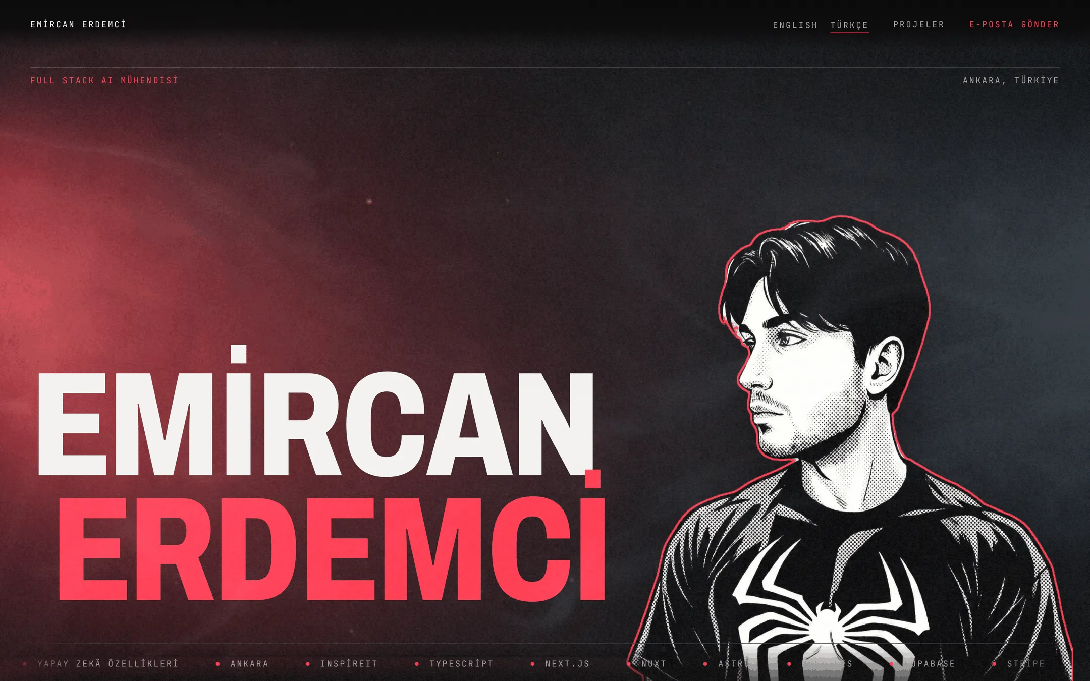 emircyn.com ana sayfası; karanlık oda üzerinde büyük harflerle Emircan Erdemci adı ve kırmızı çerçeveli çizim portre.