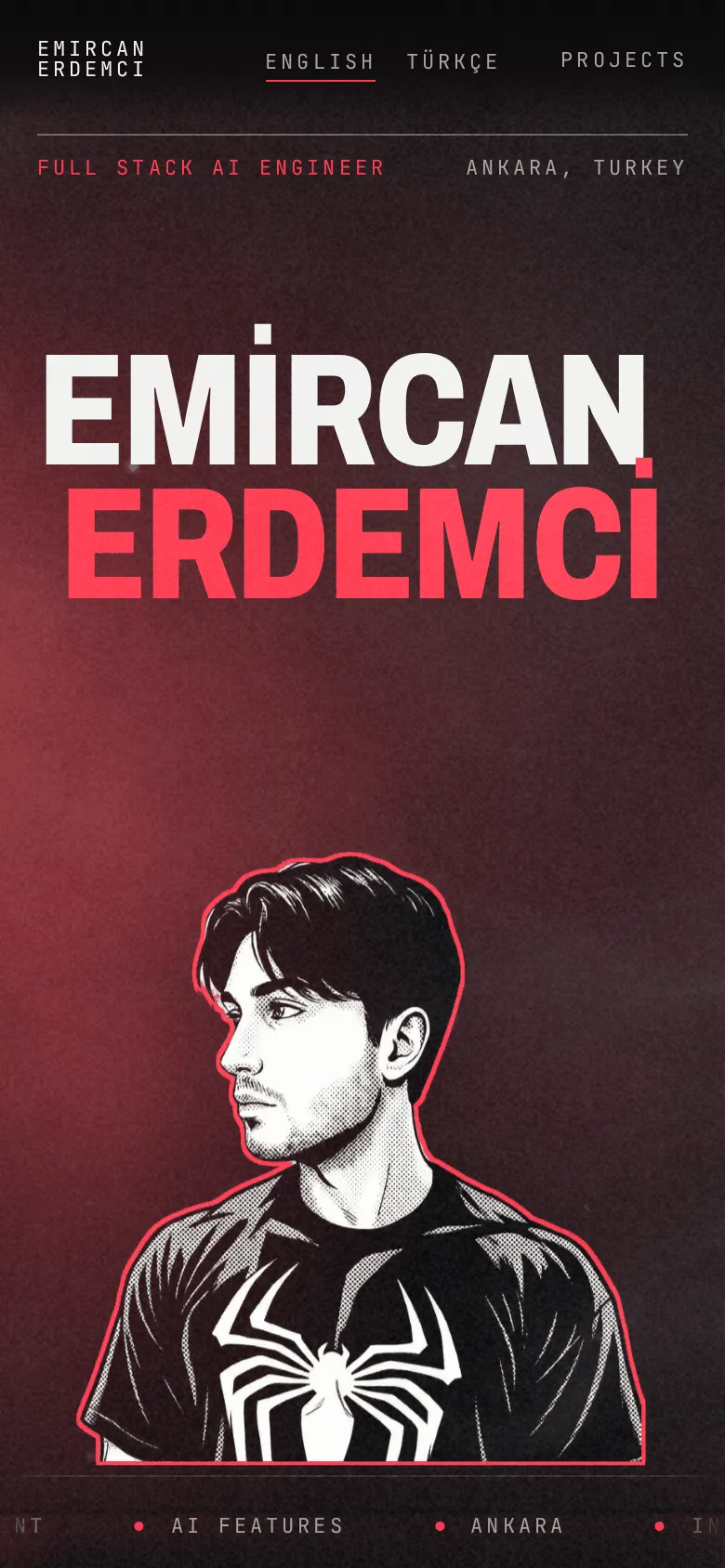 Mobile view of emircyn.com, with Emircan Erdemci’s name and illustrated portrait.