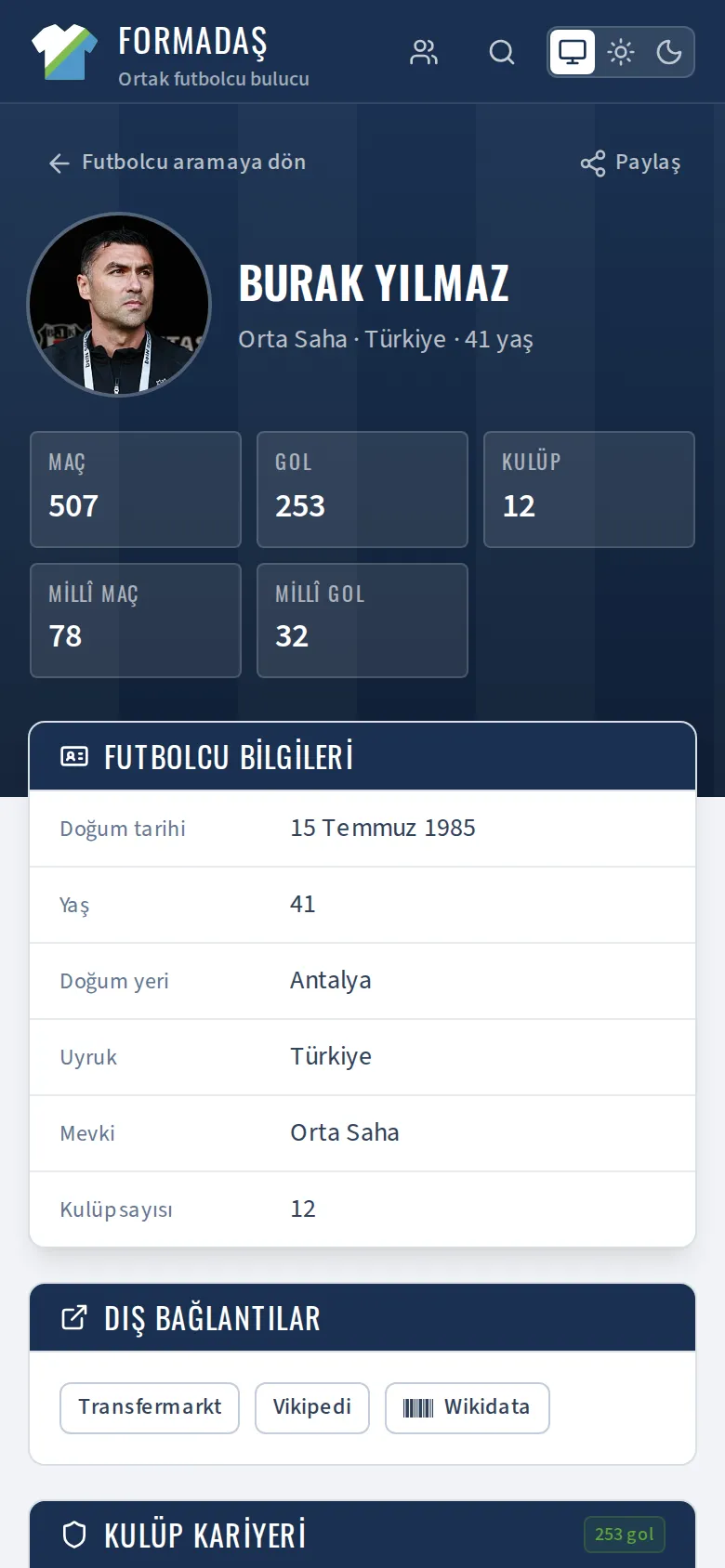 Burak Yılmaz’s Formadaş profile in light mode on mobile, with his photo, career statistics and a share button.