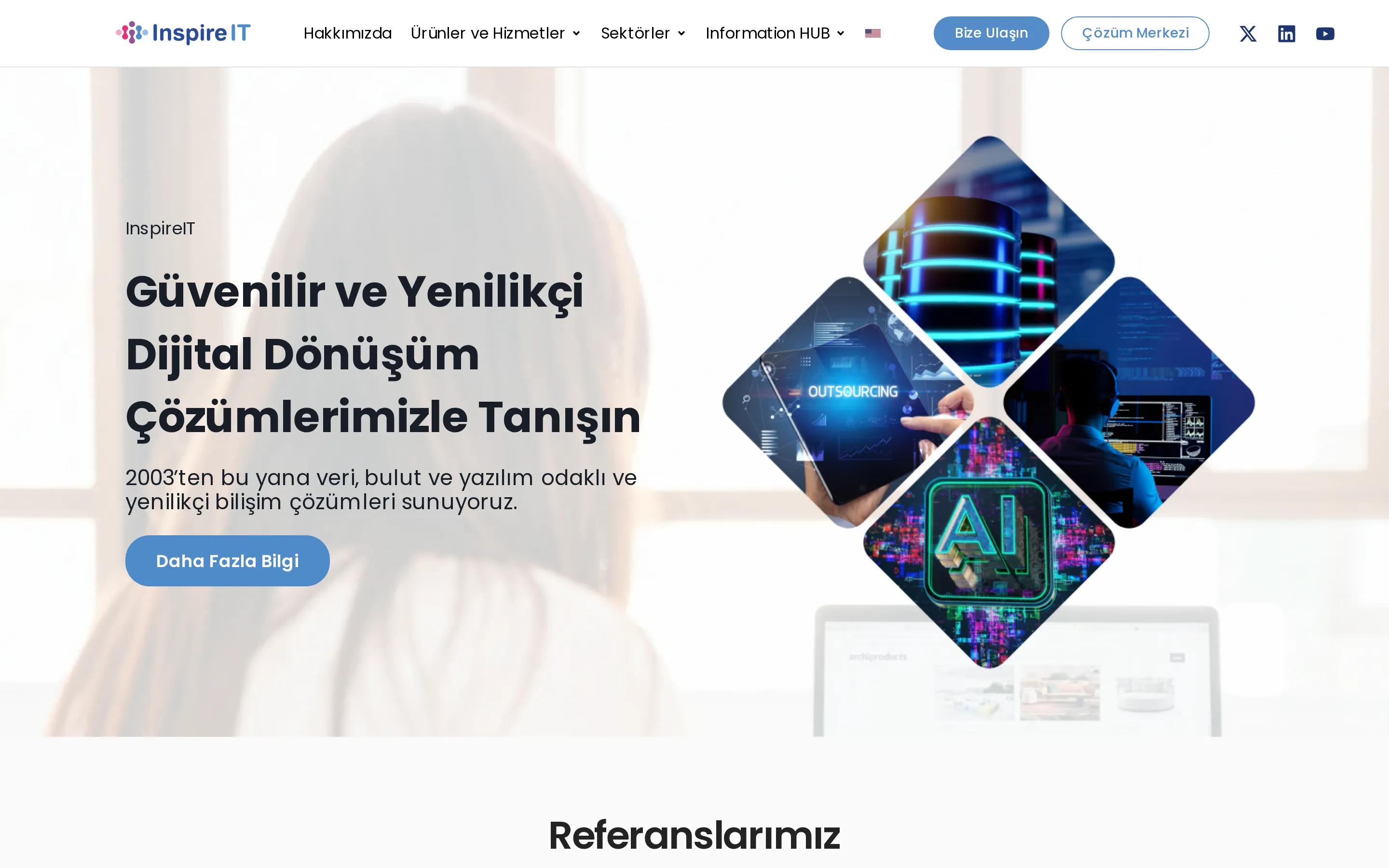 InspireIT ana sayfası; dijital dönüşüm başlığının yanında dört baklava biçimli görsel.
