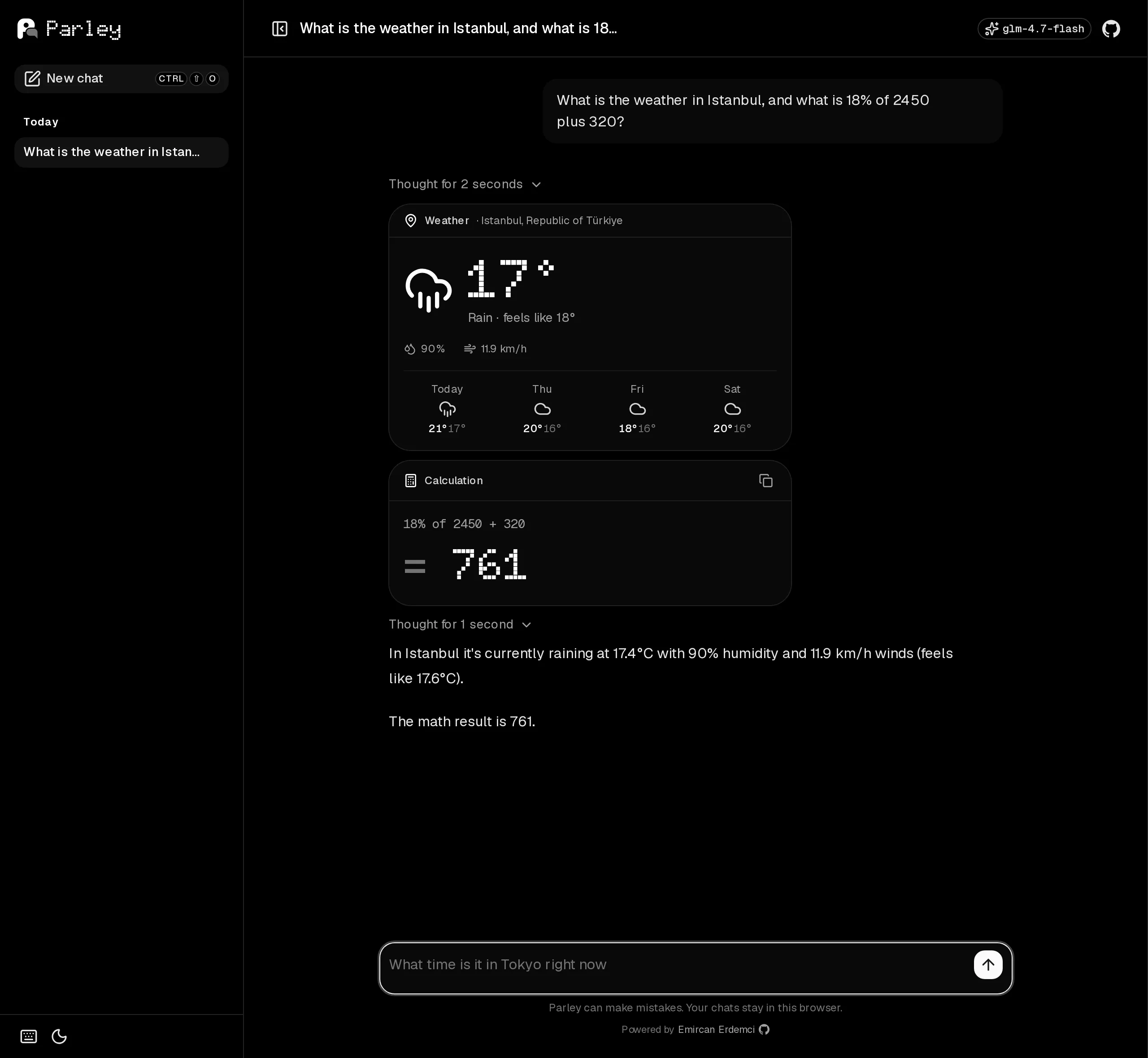 Parley in dark mode on desktop, showing a weather forecast for Istanbul and a calculation result as cards.