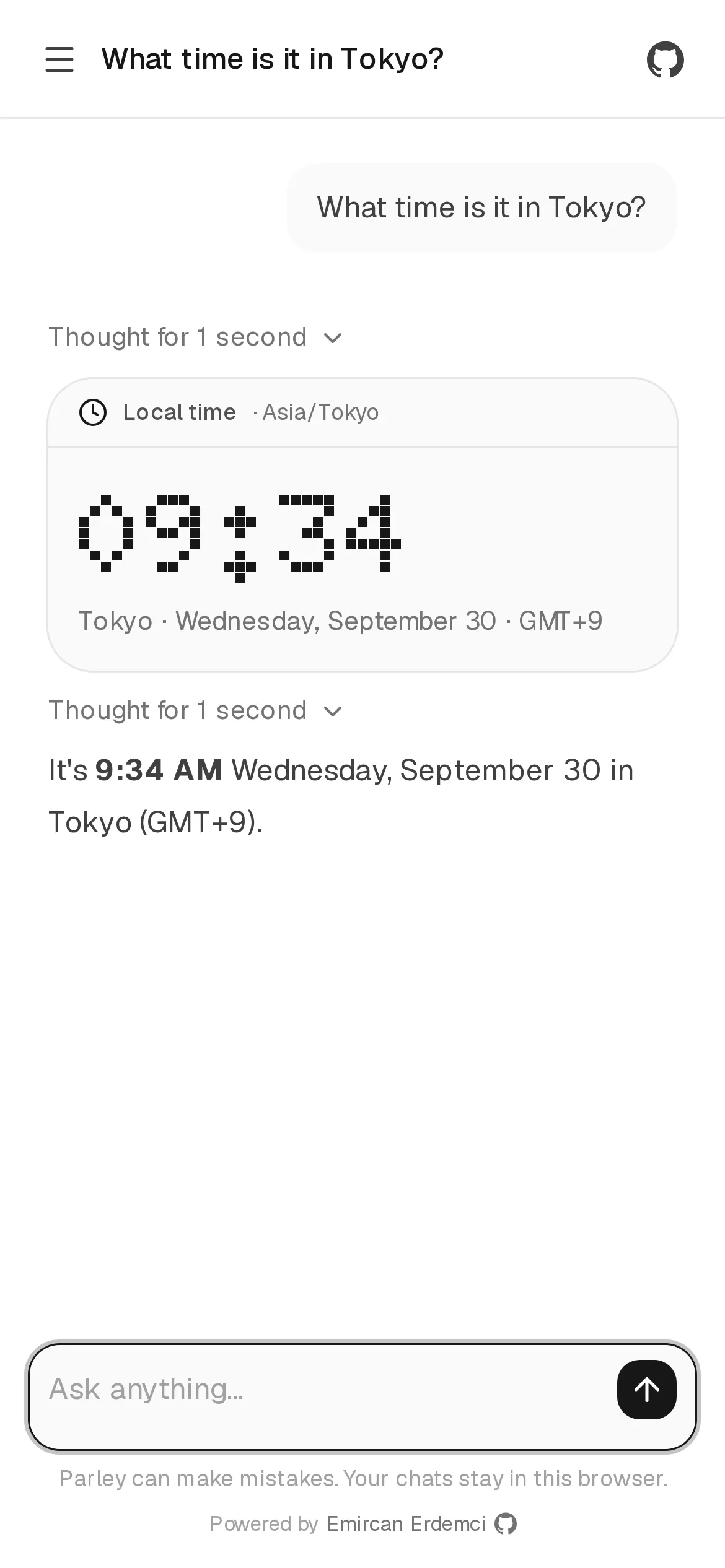 Parley in light mode on mobile, showing a card with the local time in Tokyo.