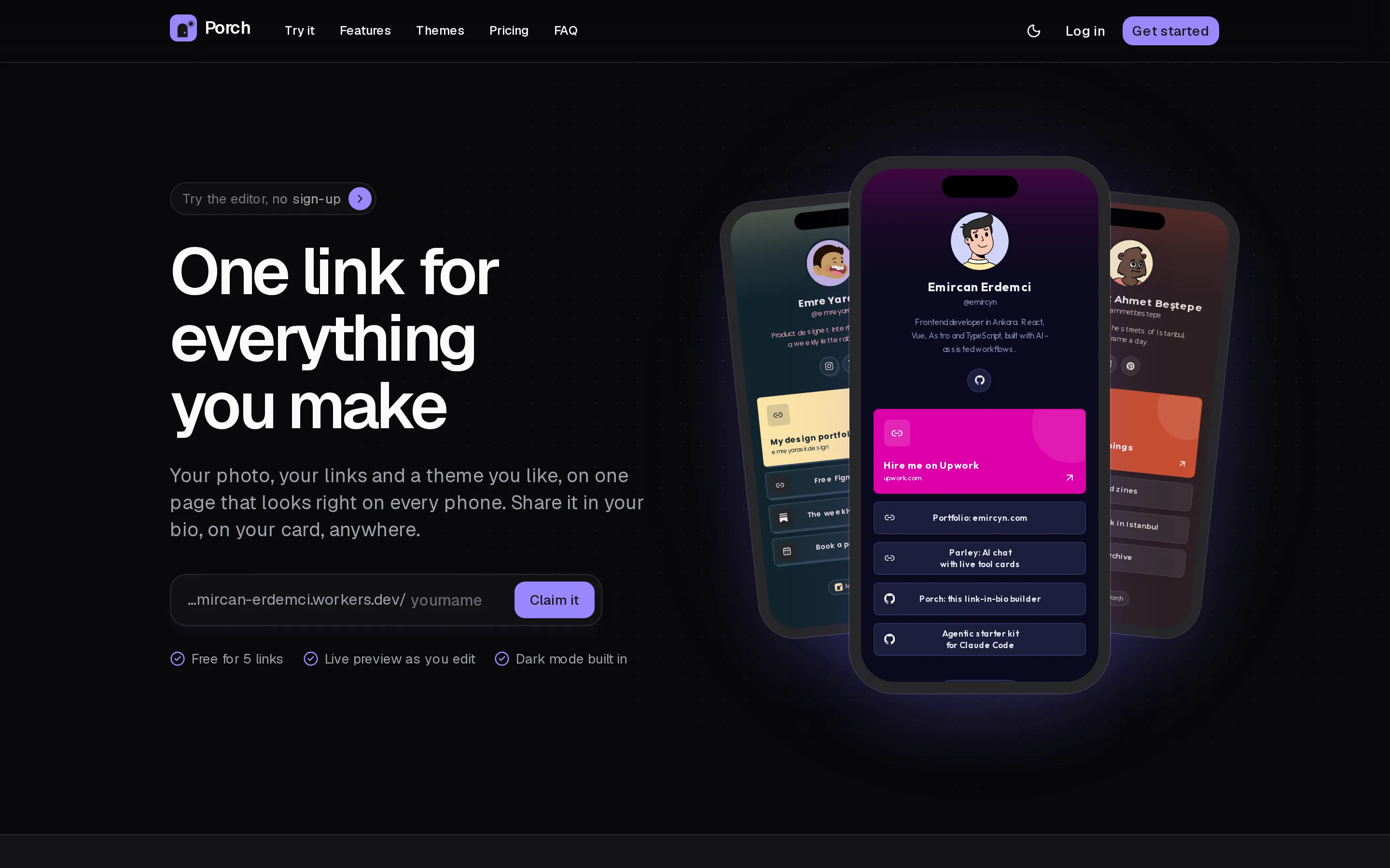 Porch homepage in dark mode, with a headline and three phone previews of personal link pages.