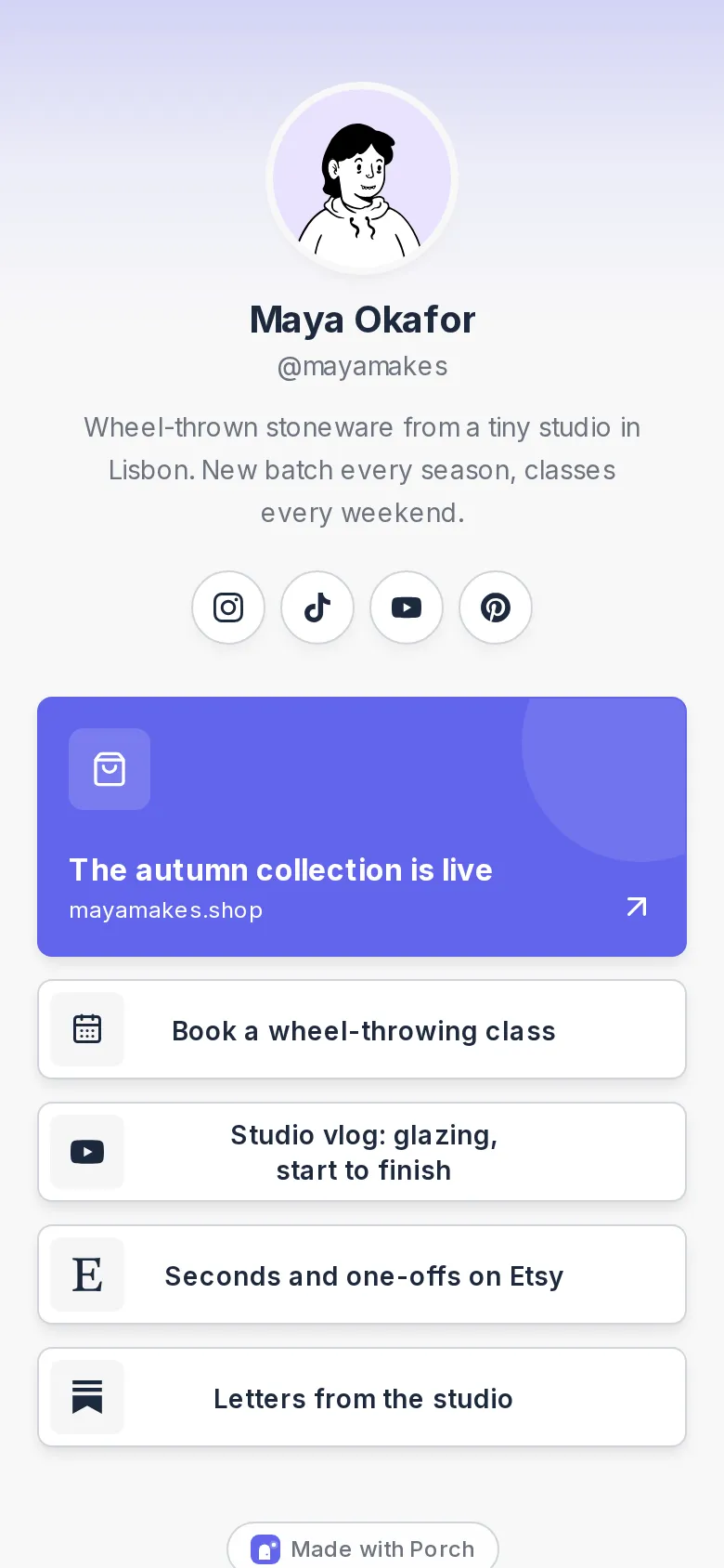 A Porch link page in light mode on mobile, showing a potter’s profile, a featured link and four additional links.